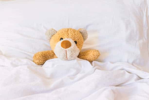 Teddy bear sleeping on the bed.